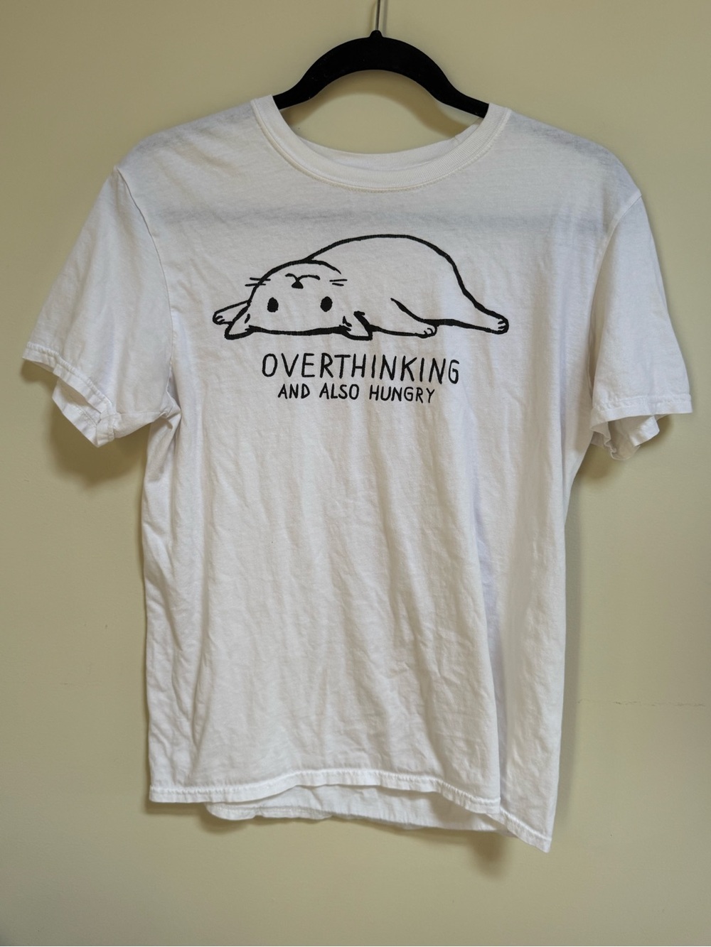 Threadless White Graphic Tee "Overthinking and Also Hungry"